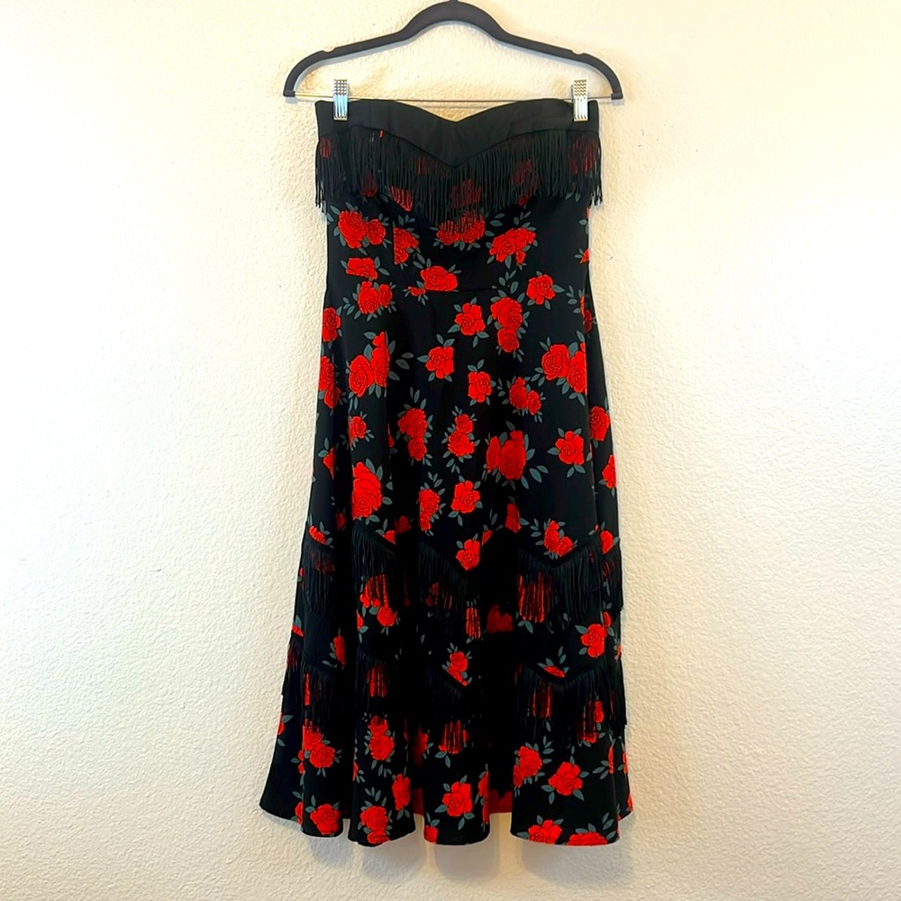 Unique Vintage Strapless Rose Fringe Swing Dress